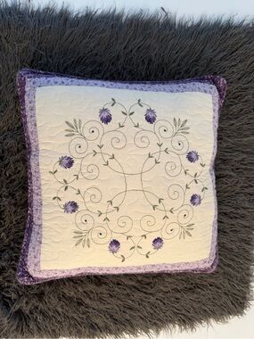 Decorative Quilted Floral Throw Pillow in Purple and Cream
